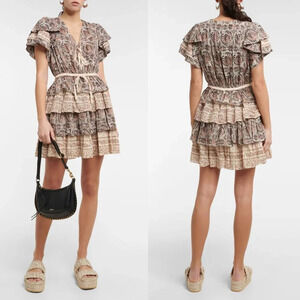 Ulla‎ Johnson Kaitlyn Mini Dress Beige Paisley Floral Ruffle Tiered Size 10